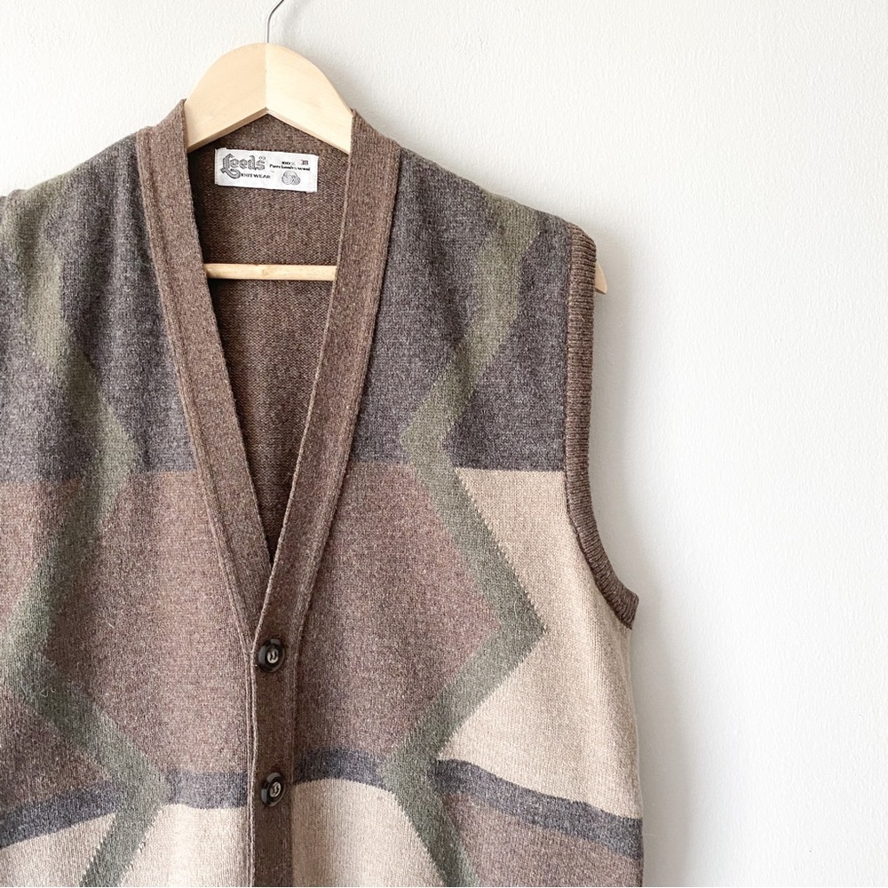 Vintage Leeds 100% Patterned Lambs Wool Oversized Grandpa Vest Medium - Picture 5 of 9